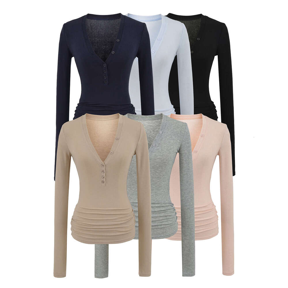 2026 Autumn New Tencel V-Neck Button Tight Long Sleeve T-Shirt for Women, Stretchy Slim Fit Thin Base Shirt Top