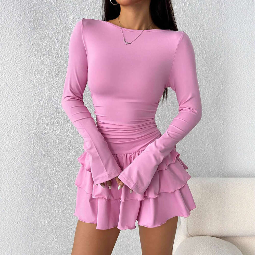 2026 Cross-Border European and American New Women's Fashion Autumn Winter Solid Color Slim Fit Elegant Long Sleeve Dress High-End Feel
