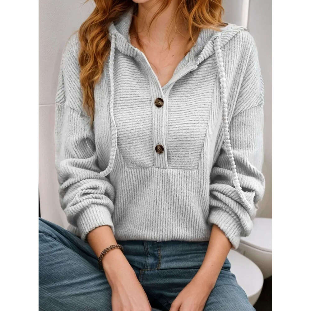 2026 European and American Cross-Border Women's Autumn Winter Hooded Ribbed Long Sleeve Sweatshirt Top