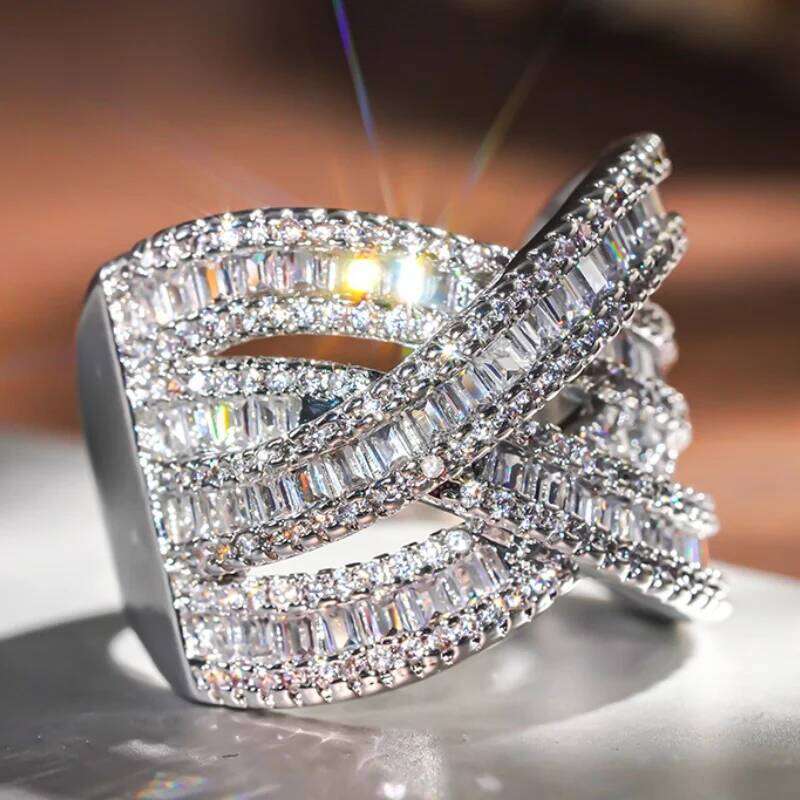 Huitan Multi-layer Cross Design Rings Brilliant Cubic Zirconia Hollow-out Women Accessories Aesthetic Gorgeous Wedding Jewelry