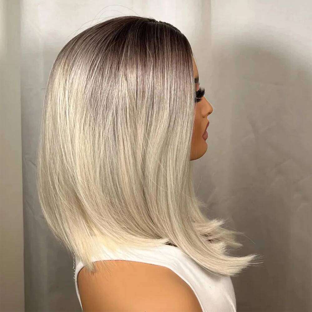 Platinum Blonde Short Dark Roots Premium Heat Resistant Synthetic Fibers Glueless with Bangs Woman Gift Wig