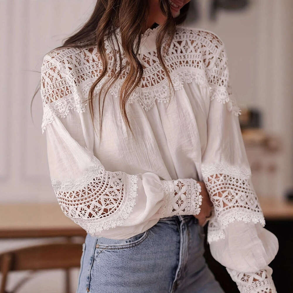 Cross-Border Holiday Hot Sale New Crochet Blouse Women's Sexy Hollow Out Flared Sleeve Lace Shirt Top