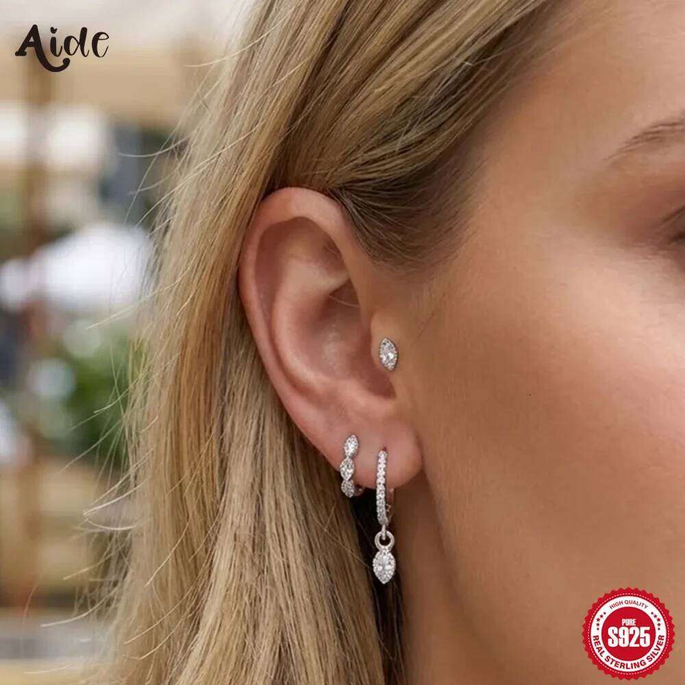 Aide Exquisite CZ Zirconia Dangle for Women 925 Sliver Piercing Hoop Earrings Set Woman Fashion Jewelry Accessory
