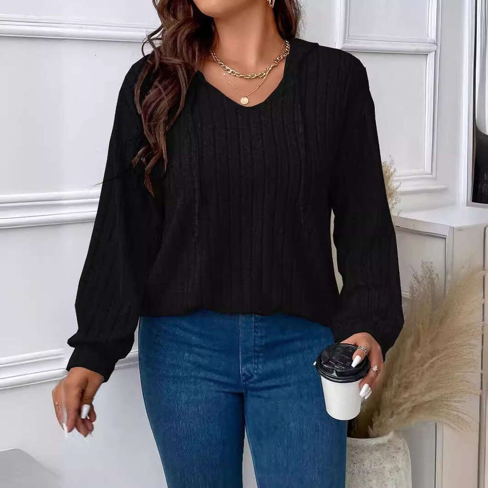 2026 Autumn Winter New Solid Color Plus Size Women's Top V-Neck Hooded Long Sleeve Ribbed Brushed T-Shirt Loose Fit