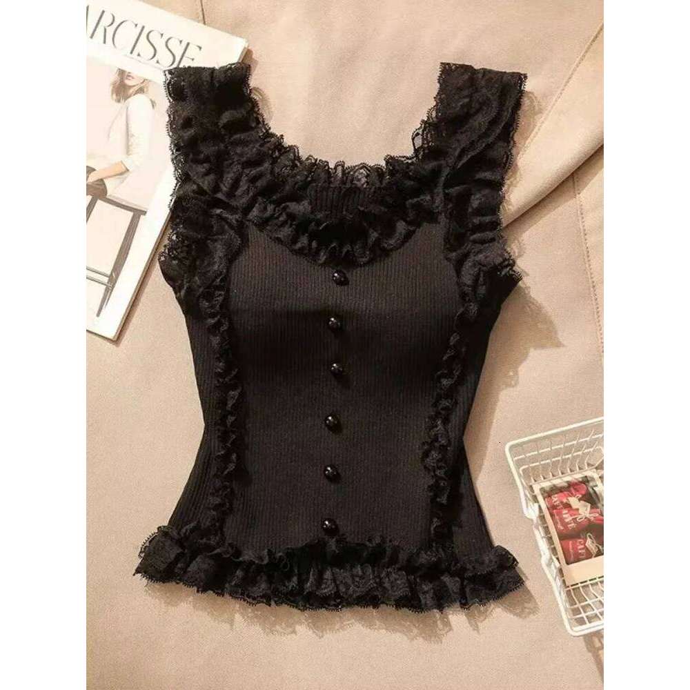 Pure desire, sweet spicy lace camisole vest, women's summer hot girl slim fit and slimming, knitted base, short sleevel