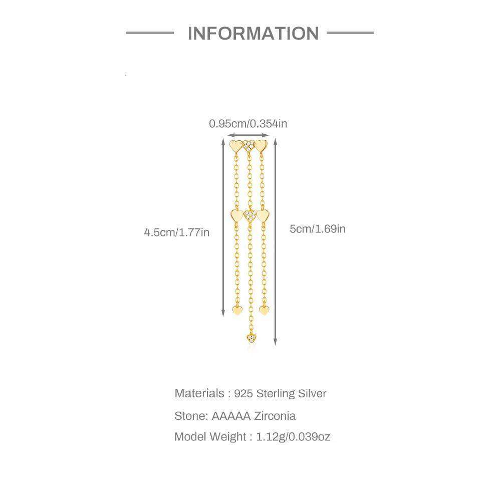 Aide 1pc 925 Sterling Silver Genuine Three Golden Love Heart Long Chain Drop Earring for Women Korean Ear Line Jewel