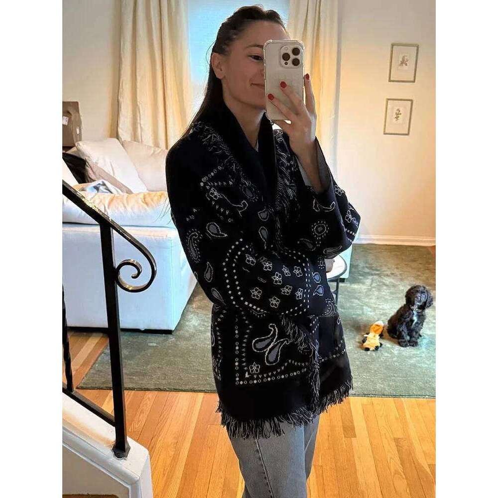 Tassel Patchwork Printed Cardigan Women Fashion V-Neck Long Sleeve Loose Outerwears Lady Autumn Daily Commute Street Cardigans