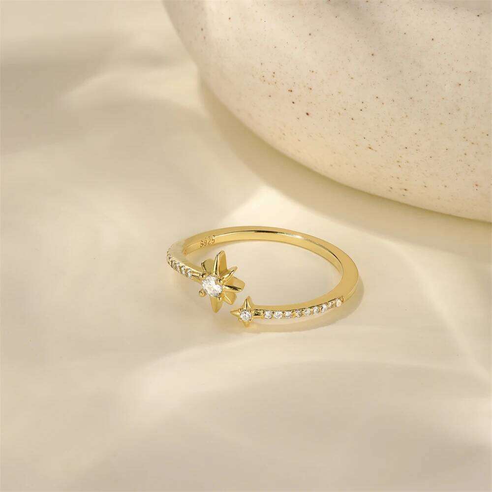 Aide Zircon Double Star Rings For Women Gold Color 925 Sterling Silver Opening Stars Finger Ring Wedding Party Aesthetic Jewelry