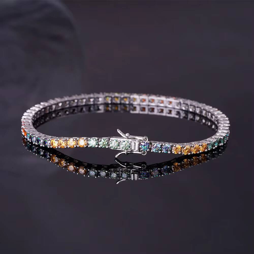 Iced Out Jewelry 925 Silver Rainbow Hip Hop Moissanite Diamonds Gold Plated 925 Sterling Silver Tennis Chain Bracelet