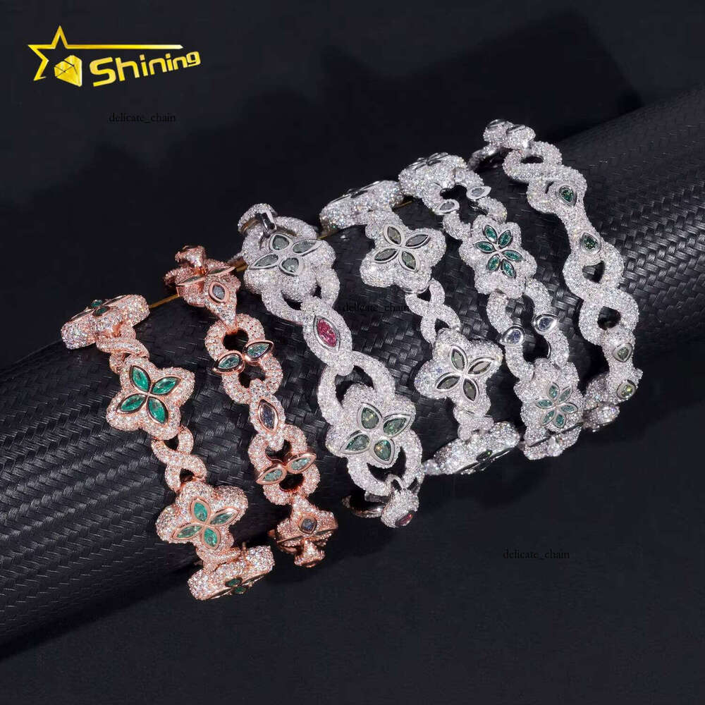 Fancy Style Hip-Hop Colorful Diamond 925 Silver Flower Iced VVS Moissanite Infinity Chain Bracelet