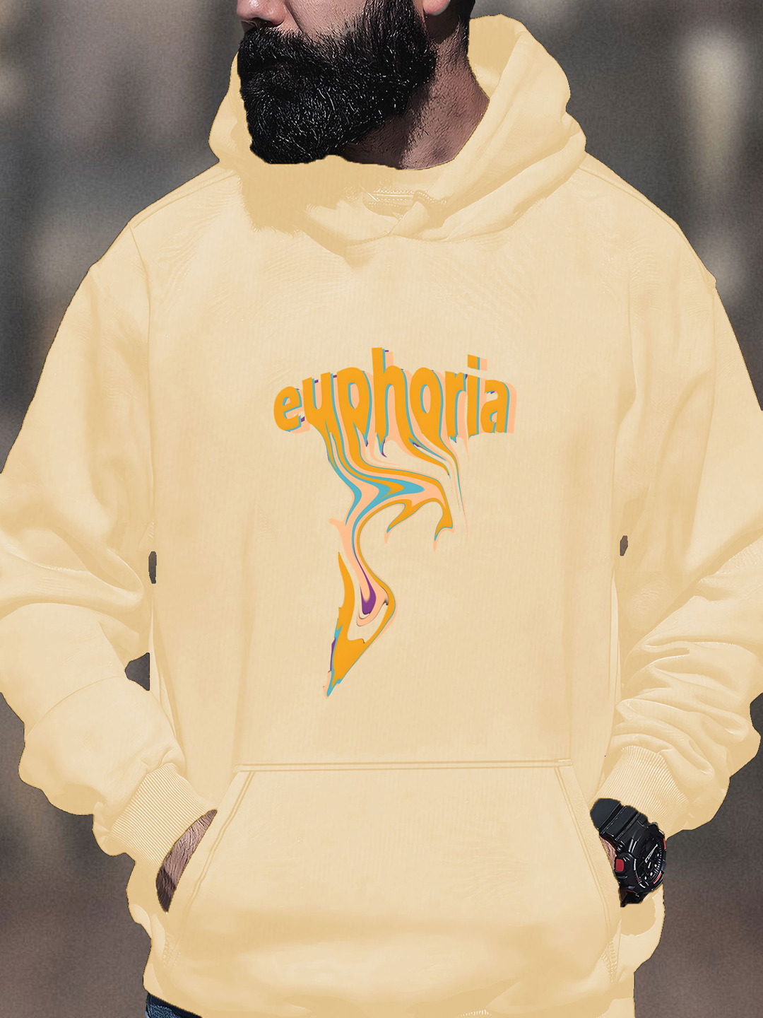 Men'S Navy Blue "Euphoria" Graphic - Soft Blend, Long Sleeve Pullover with Front Pockets, Style for Fall & Winter, Wear Trendy Casual |