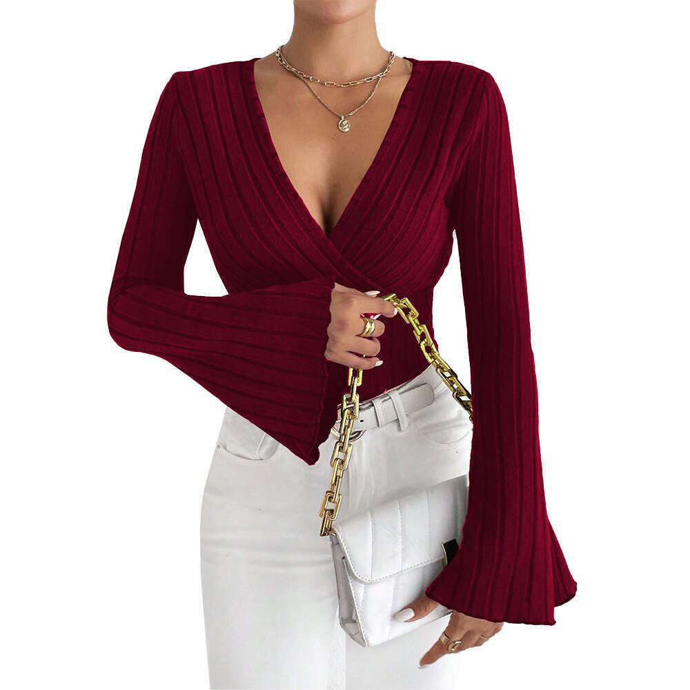 2026 New Cross-Border Women's European and American V-Neck Flared Sleeve Burgundy T-Shirt Autumn Winter Slim Fit Base Shirt Top