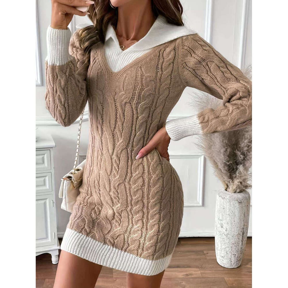 European and American Autumn Winter Long Sleeve Cable Knit Sweater 2026 Doll Collar Color Block Pullover Petite Knitted Short Dress