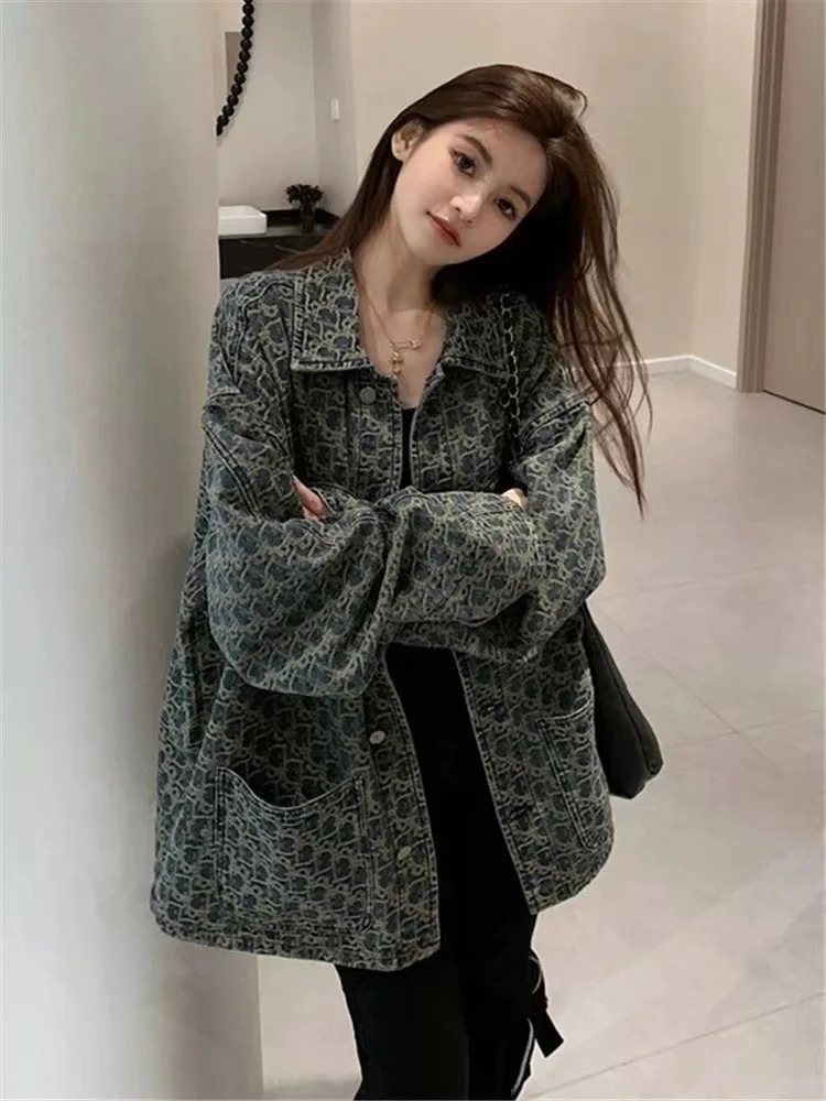 Women Denim Coats Print Single Breasted Coat Casual Turn Down Collar Y2k Streetwear Jackets Splice Jacket Vintage Spring 251231