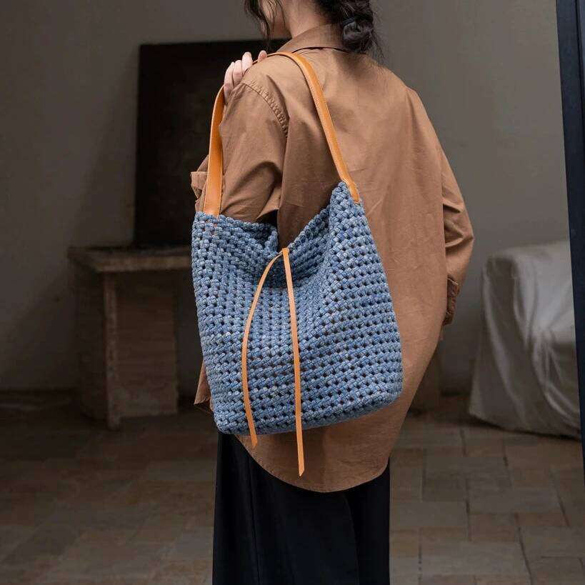 Hand-Woven Denim Bucket New Niche Design Large Capacity Cowhide Shoulder Strap Vintage Women's One-Shoulder Tote Bag Suotong251222