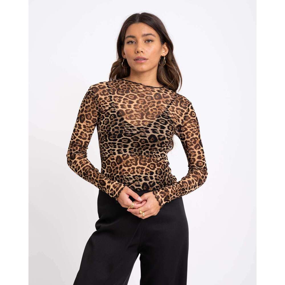 S32280 European and American Cross-Border New Women's Sexy Leopard Print Mesh Printed Tight-Fitting T-Shirt Top for Women