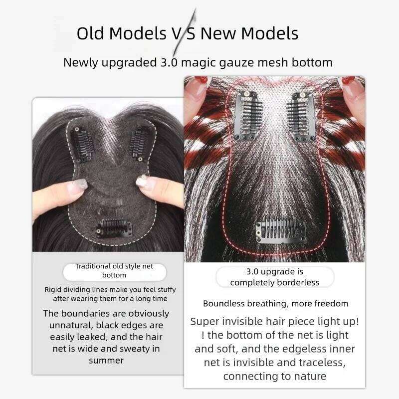 100% Handmade Human Toppers for Women - Borderless Invisible Lace Base Clip-In Hairpiece with Bangs Fringe Cover Hair Loss