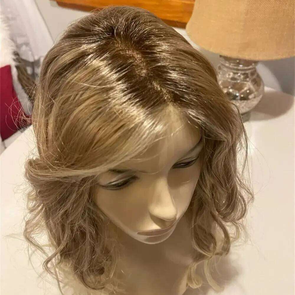 Rooted Futura Fibre Premium Medium Light Blonde Highlighted Heat Friendly Curly Wave Shoulder Length Glueless Wig