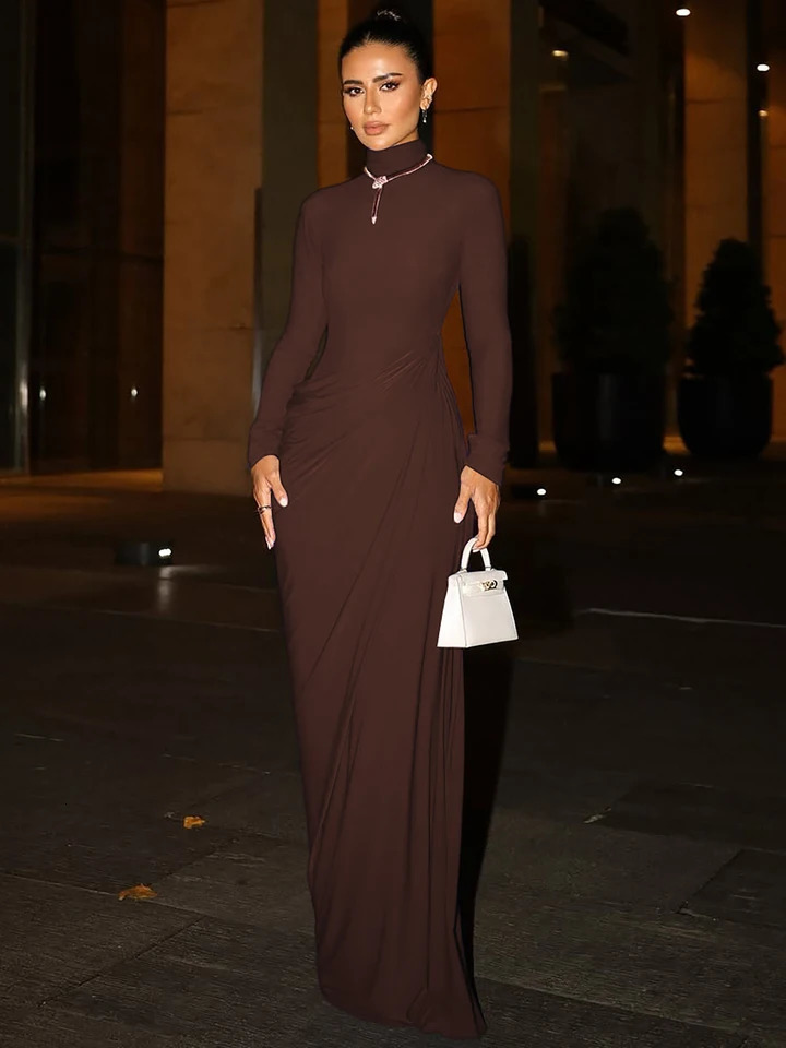 Dulzura Autumn Fashion Elegant High Collar Long Sleeve Ruched Slim Fit Dress WomenS Solid Casual Party Club Street Clothes 251231