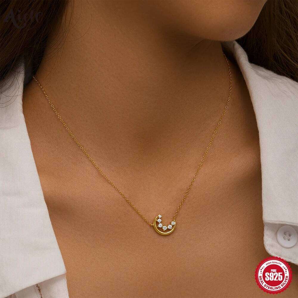 Aide Gorgeous Shiny 100% 925 Sterling Silver Geometric Cut Sparkling Pearl Zircon Pendant Necklace Wedding Choker Jewelry