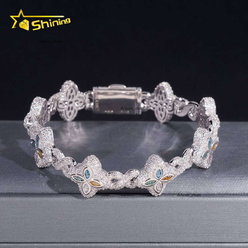 Custom Luxury Iced Out Hip Hop VVS Moissanite Diamond 925 Silver Cuban Chain Trendy Colorful Flower Clover Bracelet