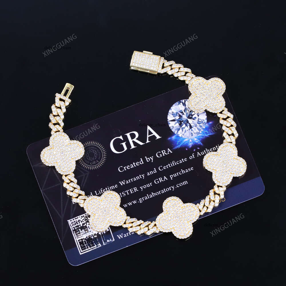 VVS Moissanite Special Design High-Quality Jewelry Hip-Hop 925 Silver Iced Out Four-Leaf Clover Silicon Stone Cuban Chain