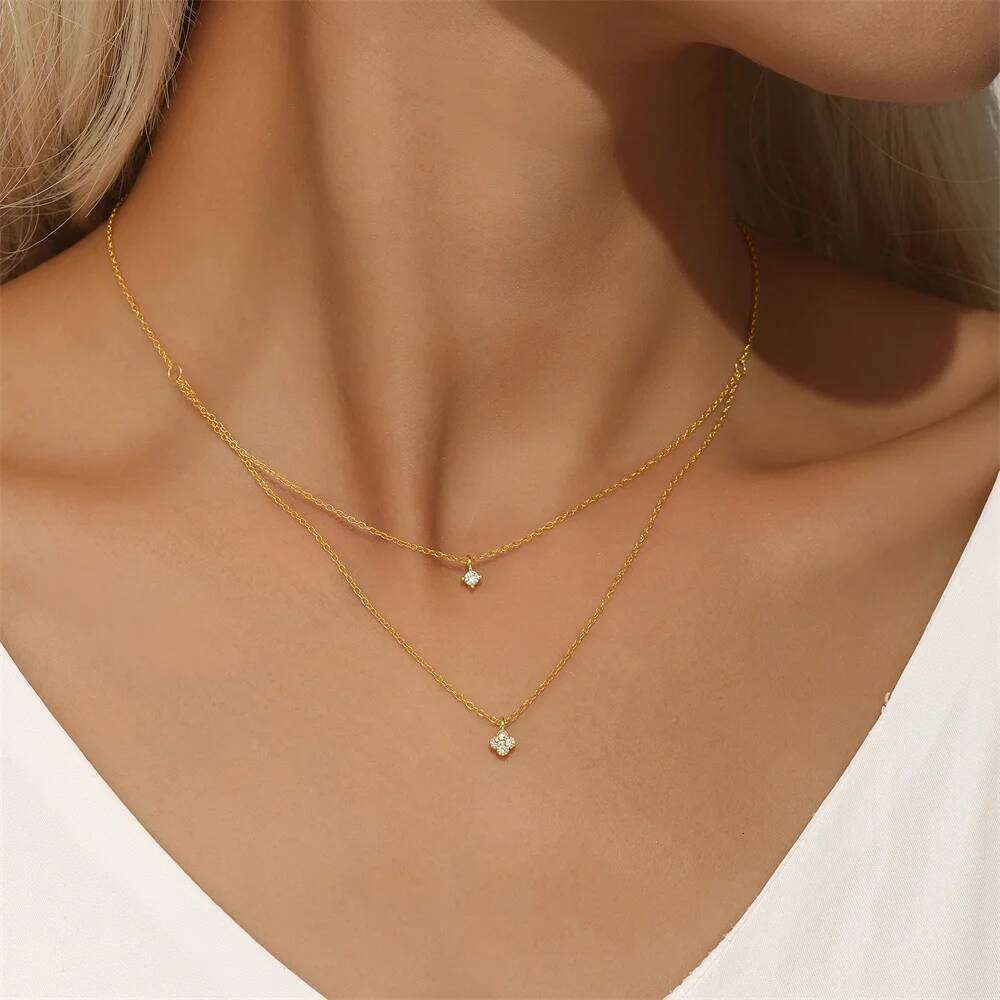 Aide 925 Sterling Silver Simple Zircon Choker for Women Fashion Double Layer Chain Small CZ Pendant Necklace Jewel Gift
