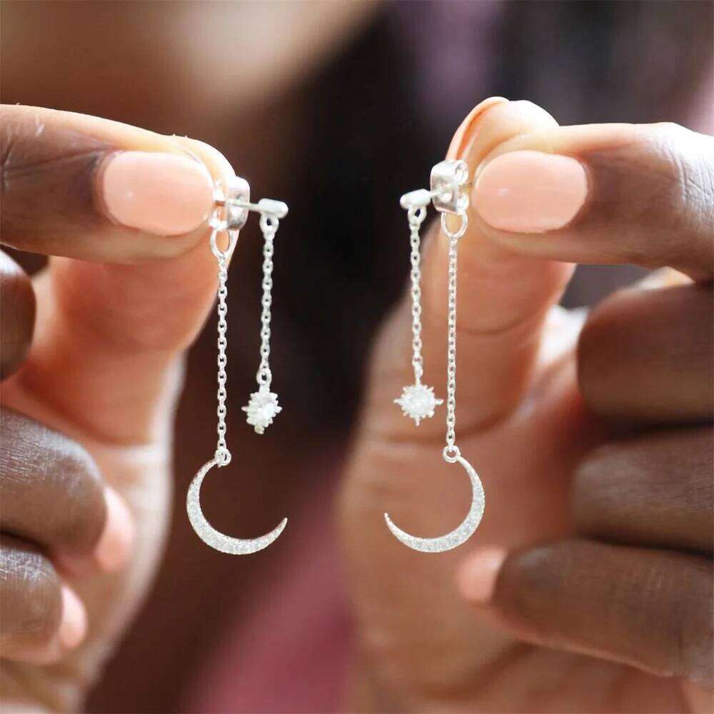 AIDE Genuine 925 Sterling Silver Shining Moon and Star Dangle 18K Gold Plated New Trends Chains Earrings Studs Jewelry