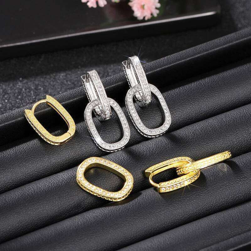 Huitan Geometric Oval Double Hoop Drop Earrings Lady Modern Fashion Jewelry with Bright Zirconia Trendy Accessories Gift