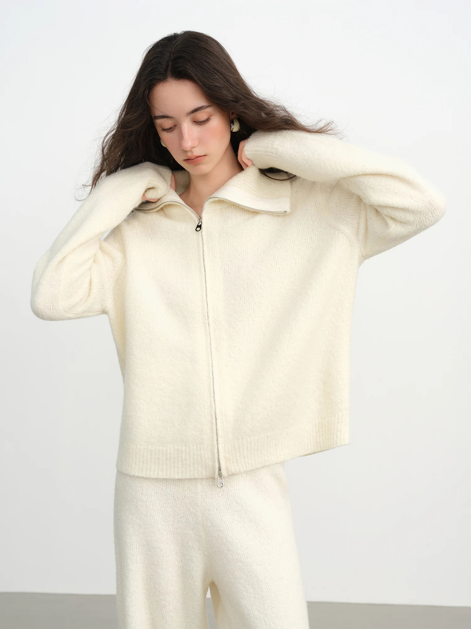 FSLE Winter Womens Textured Loop Yarn Knitted Ensemble Wool Blend Cardigan and Trousers for Cozy Comfort 251231