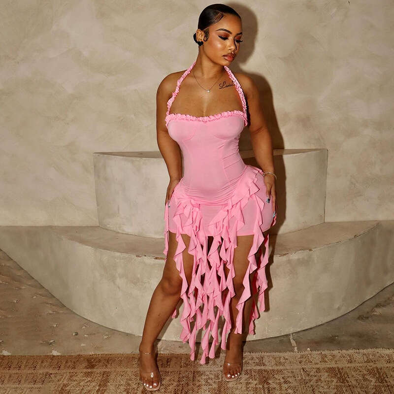 2026 New Women's Fashion Sexy Halter Neck Sleeveless Backless Irregular Dress Wholesale