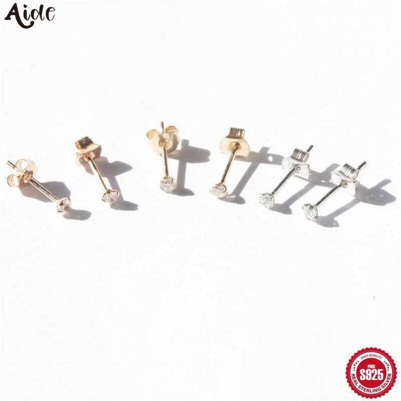 Aide Real 925 Sterling Silver 2.5mm Single Zircon Mini Stud Earrings for Women 1pair Ear Hole Studs Christmas Party Jewelry