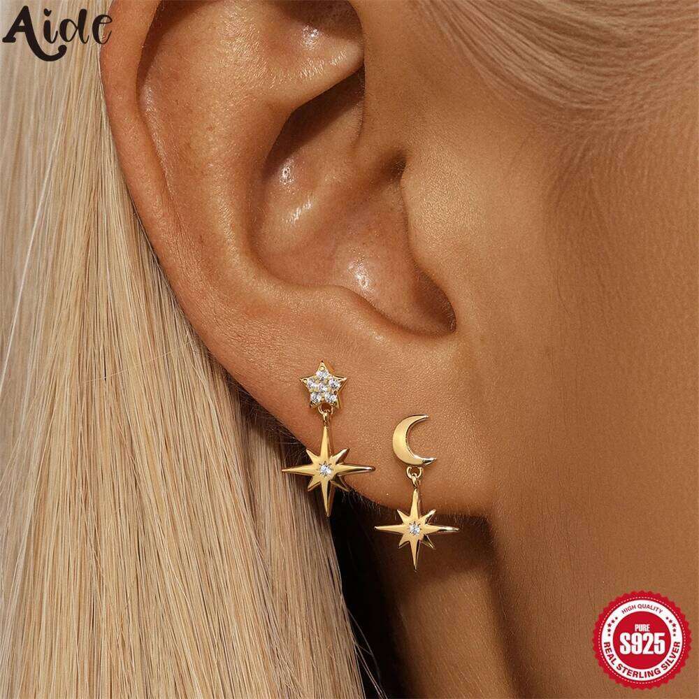 Aide Magical Star Moon Stud Earrings Europe Fashion 18K Gold Color Jewelry For Women Summer New Sterling Silver 925 Vintage Gift