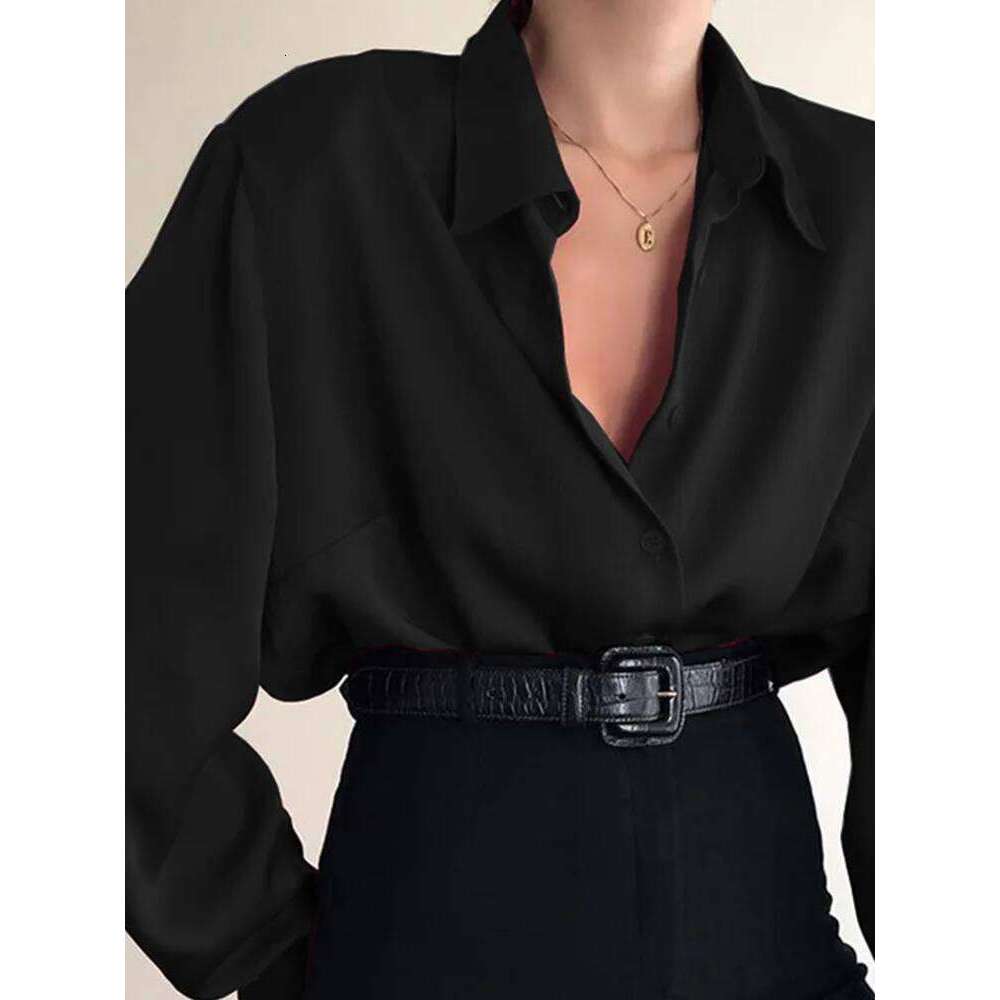 Women's fashion button up lapel office women's long sleeved casual shirt, loose top
