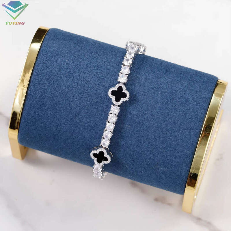 VVS Moissanite Hot Selling Four-leaf Clover 925 Silver Black Agate Fashion Jewelry Tennis Ice 3mm 4mm 5mm Chalcedony Bracelet