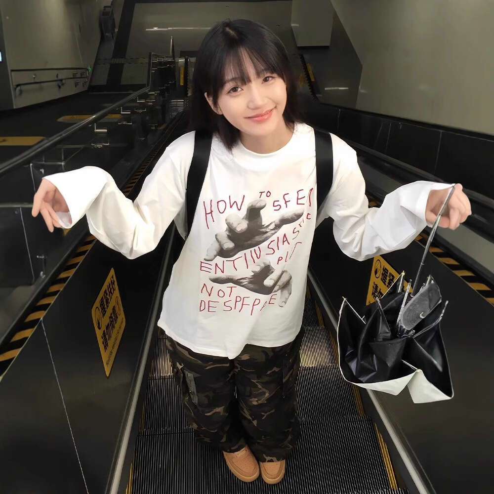 American Retro Style Inner Wear Women, Niche Color-Block T-Shirt, Autumn Thin Loose Base Shirt, Oversize Long Sleeve for Women