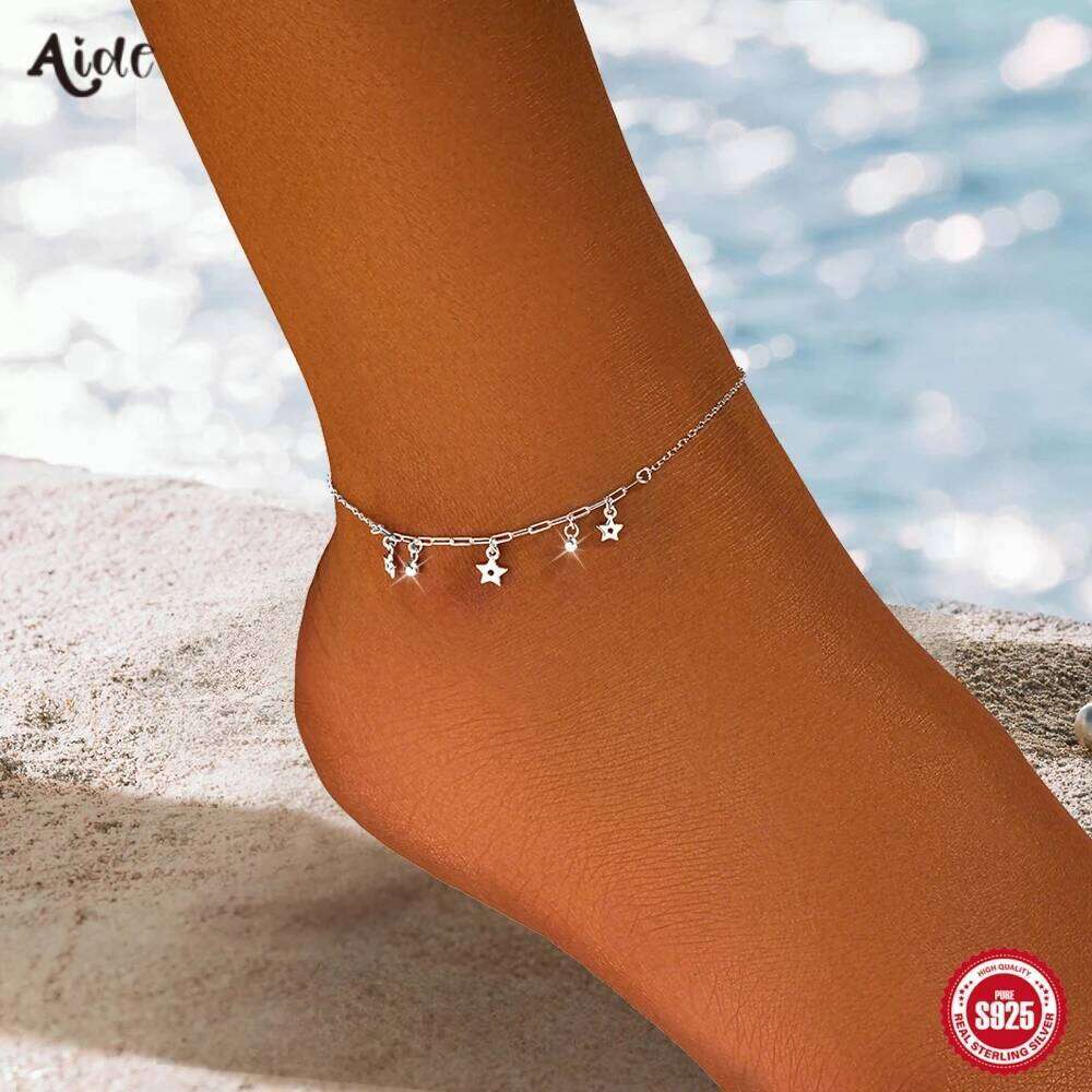Aide 925 Sterling Silver Shiny Heart Star Inlaid Zircon Anklets For Women 18K Gold Plated Bohemian Fine Jewelry Beach Party Gift