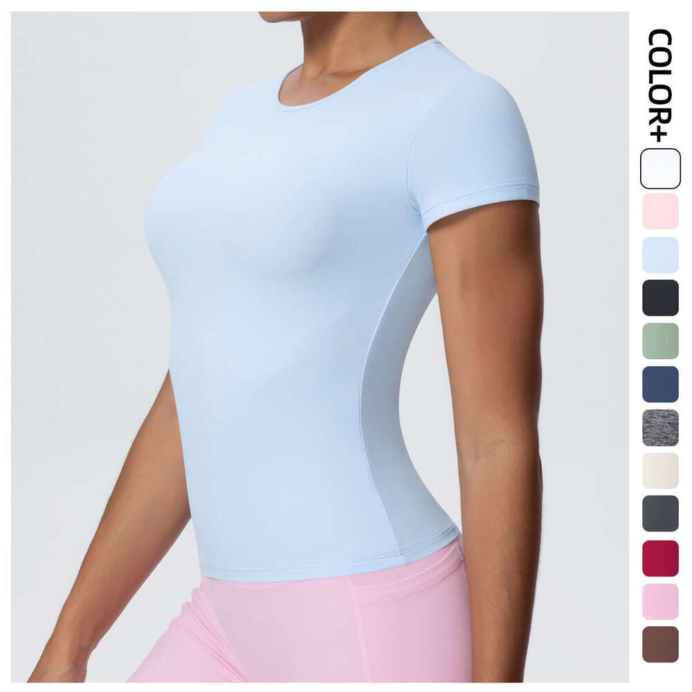 Cross-Border New Sports Nude Waist Slimming Short-Sleeved Breathable Yoga Wear T-Shirt Running Training Fitness Top Women