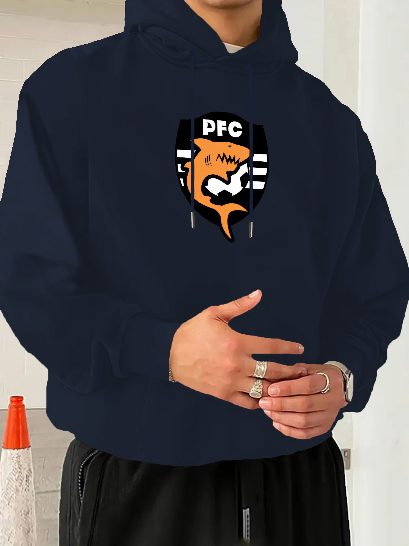 Men'S PFC Print - Navy Blue Casual Long Sleeve Pullover with Front Pockets, Soft Blend, Perfect for Fall & Winter, Allseason Pullover|Bold Graphi