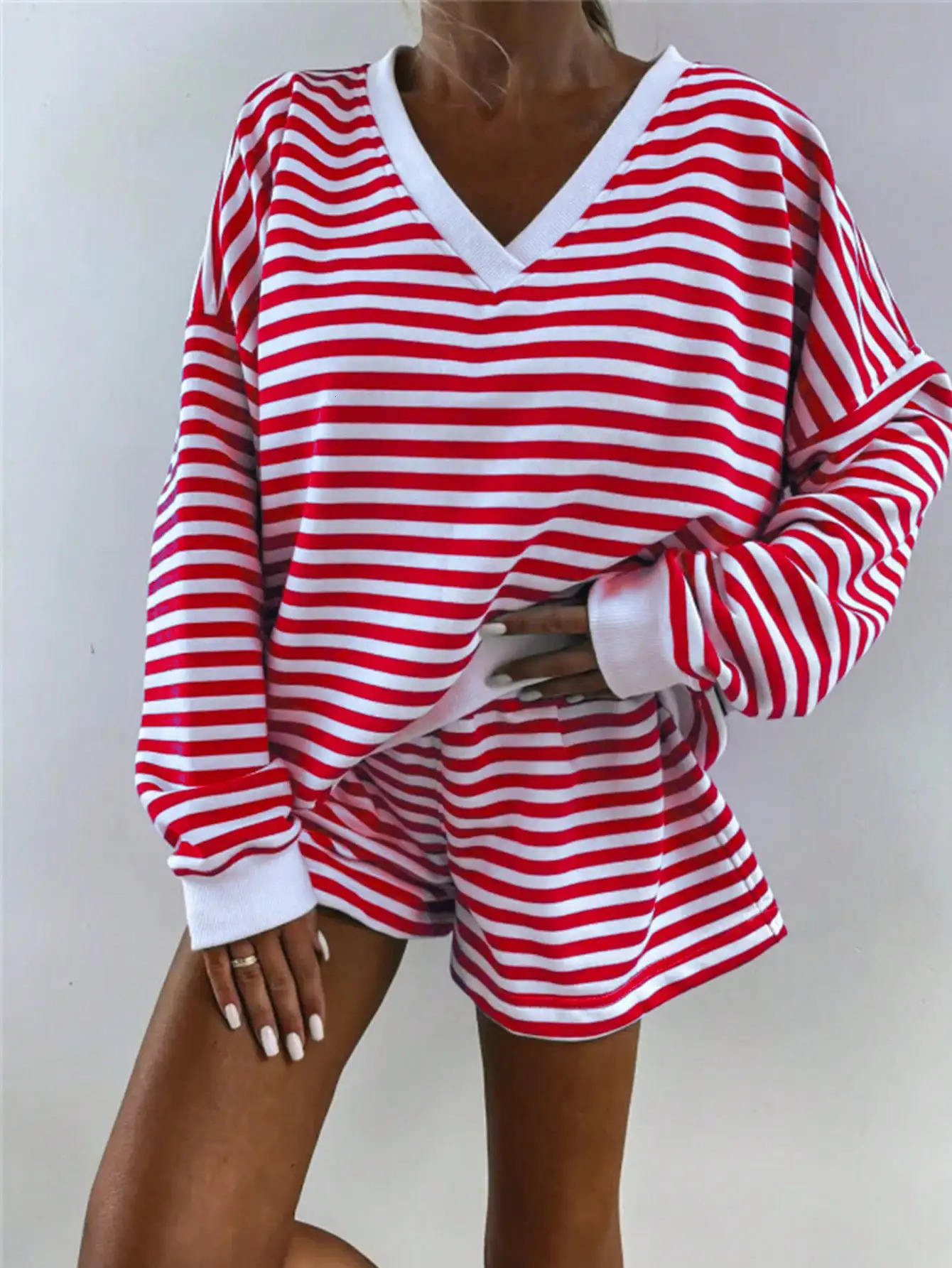 Womens Casual Striped Set Longsleeved Vneck Loose Top and Sports Shorts 2piece 251231