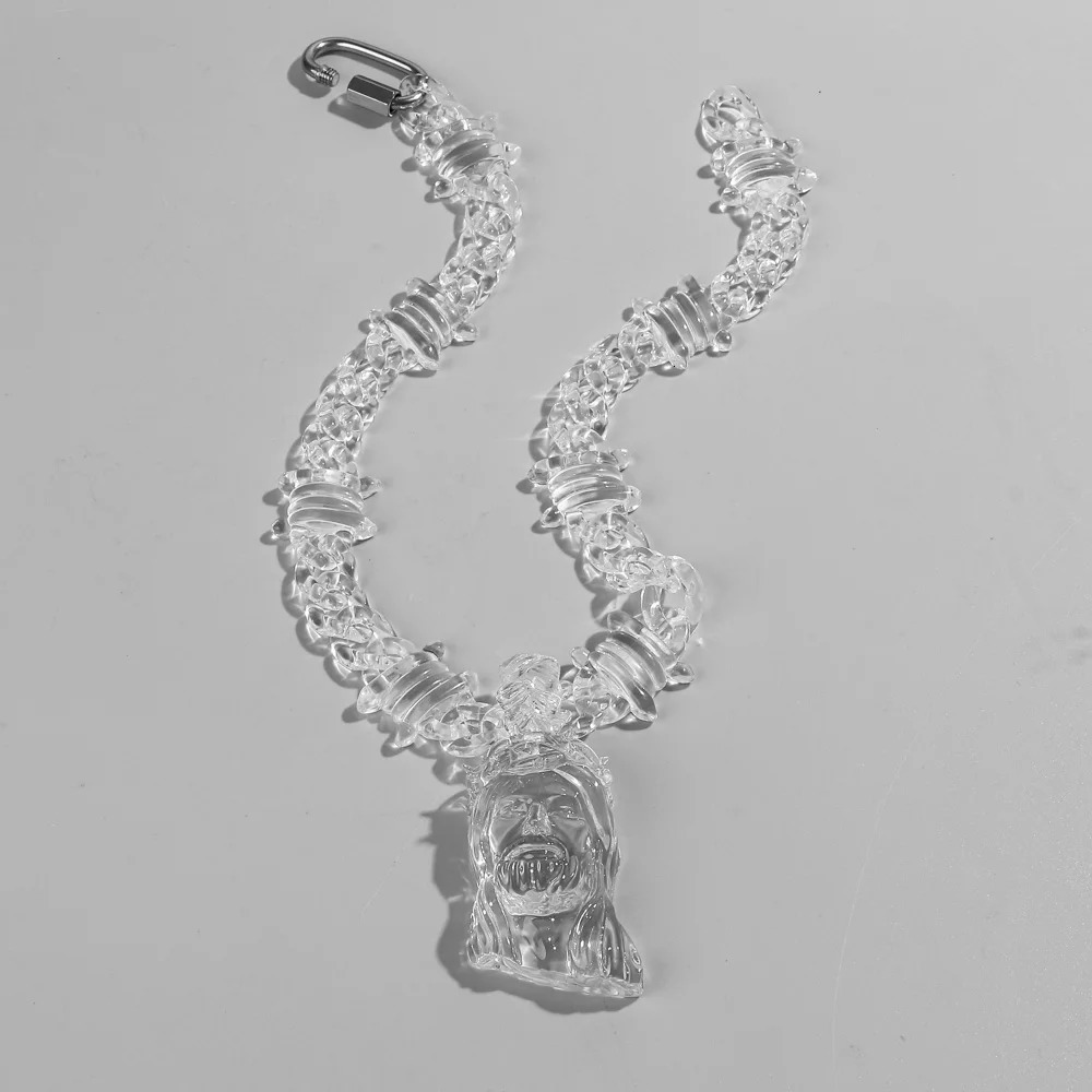 Hiphop Big Clear Acrylic Jesus Piece Pendant Necklace for Women Men Statement Spike Chain Necklace Rock Party Jewelry Gifts 251230