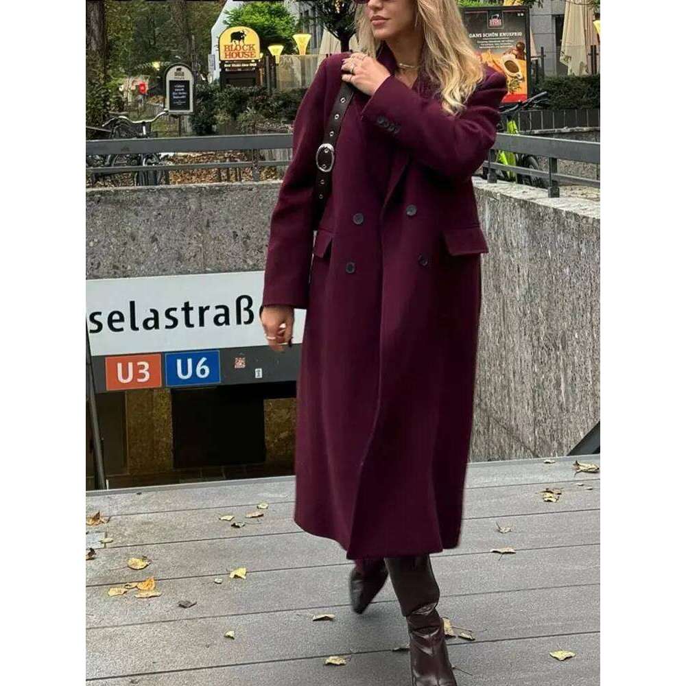 HH Women Fashion Burgundy Coat Double Breasted Long Sleeve Lapel Blends Jacket Autumn Winter High Street Outerwear