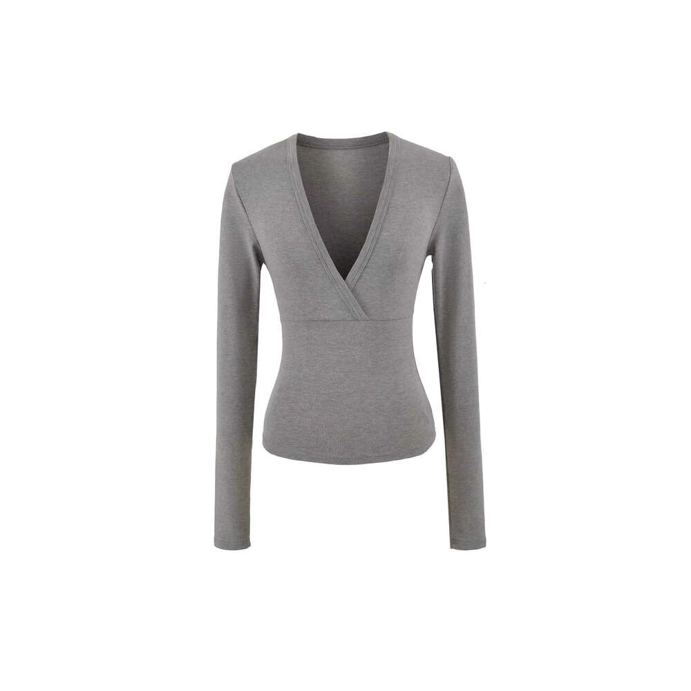 American Style Spicy Girl Subtle Deep V-Neck Waist-Cinching Long Sleeve T-Shirt for Women Autumn Stretchy Slim Fit Base Layer Slimming Inner Top