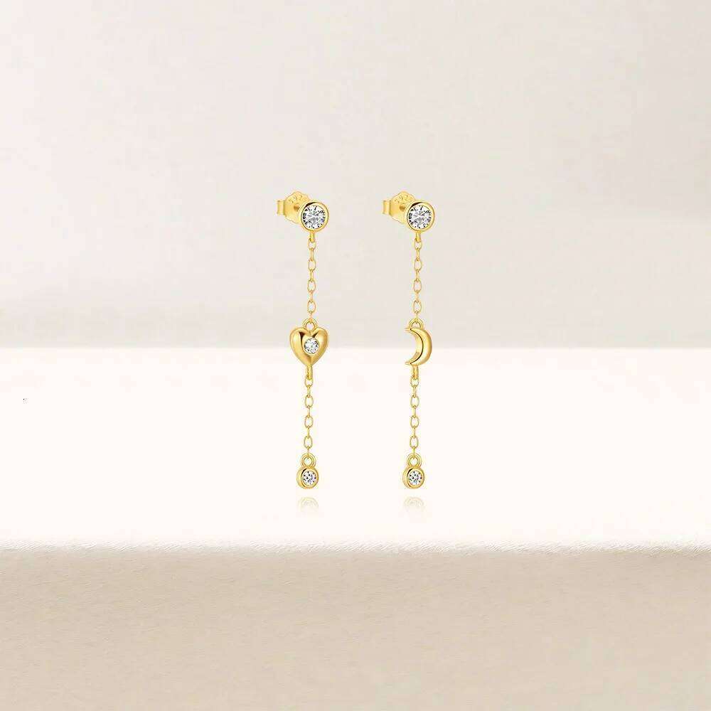 Aide 925 Sterling Silver Crystal Zirconia Moon Heart Stud Earrings Delicate Chain Dangles Ear Buckle Cartilage Piercing Jewelry