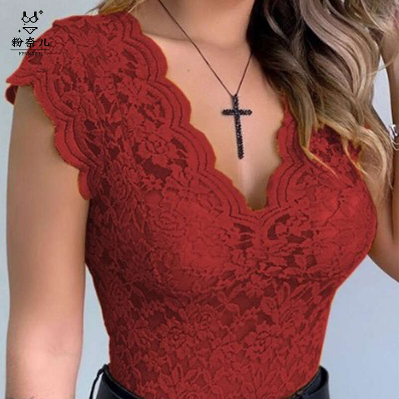 2026 New Lace Trim V-neck T-shirt Sexy Sheer Top B3067