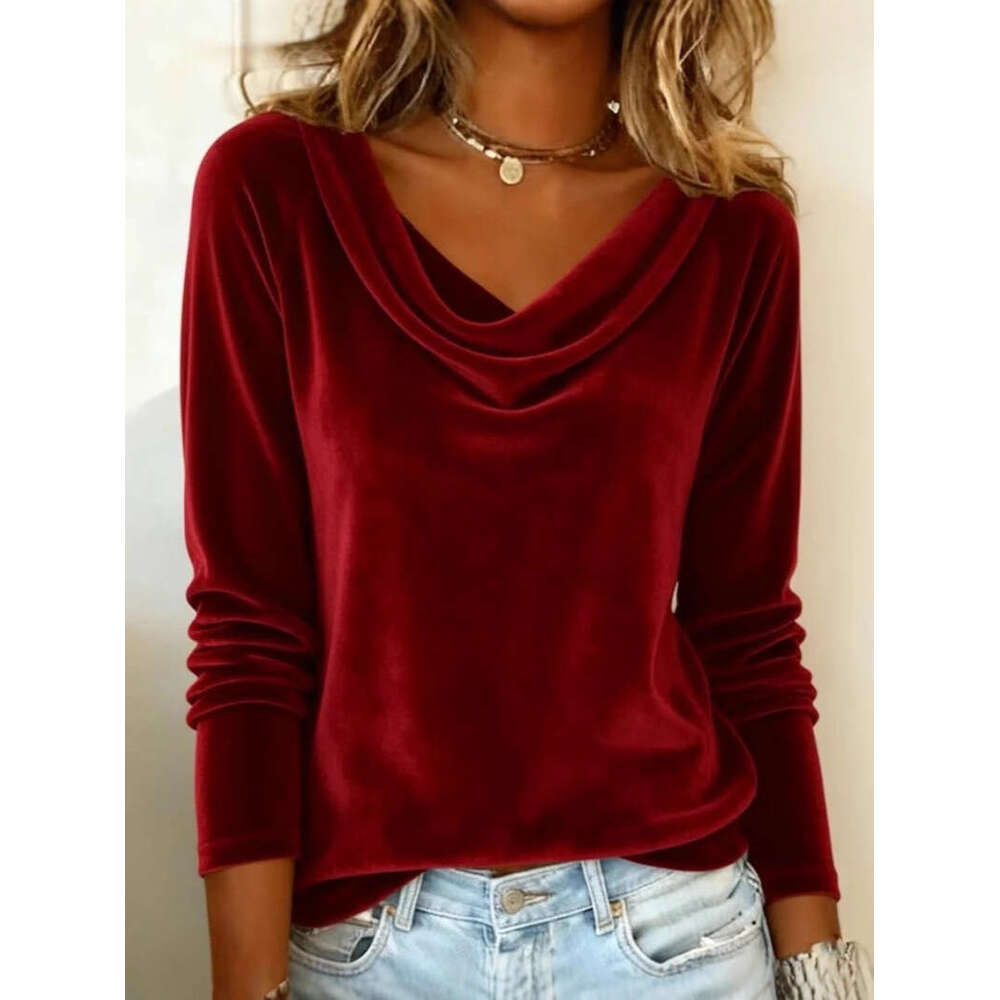2026 European and American Cross-Border Fashion Women's New Solid Color Swing Collar Long Sleeve Sexy Velvet T-Shirt