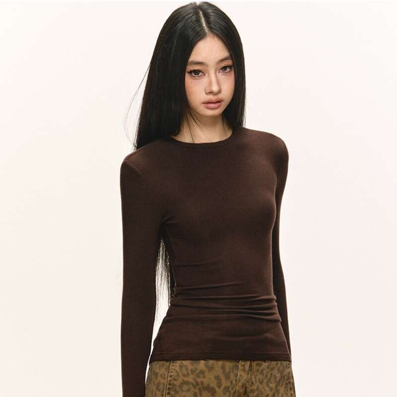 Long Sleeve T-Shirt for Women, Autumn and Winter New Style, Round Neck, Slim Fit, Short, Regular Shoulder, Base Shirt, Top