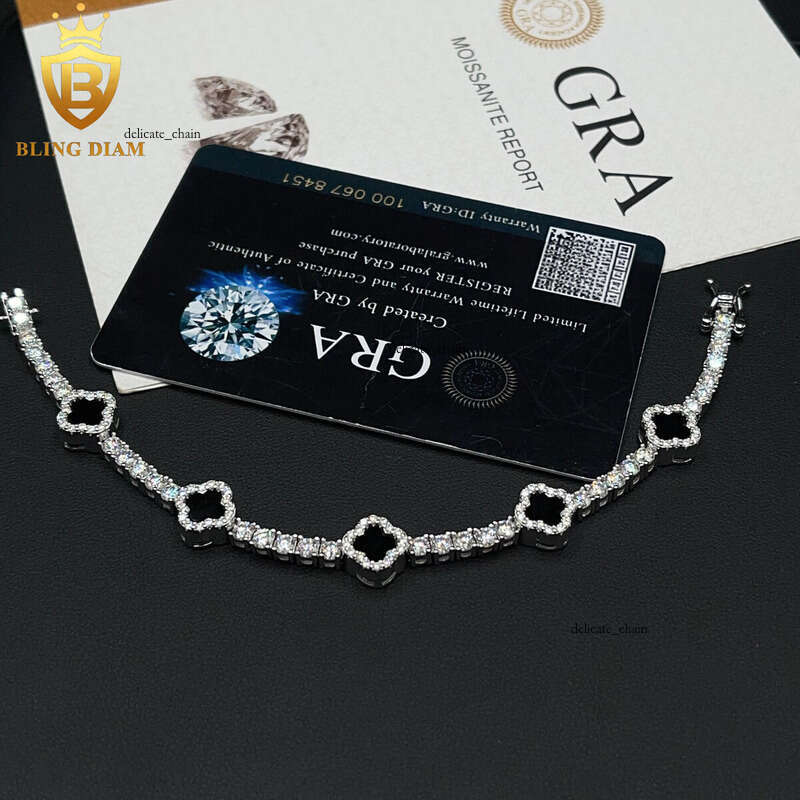 VVS Moissanite Little Black Clover 3mm New Design 925 Silver VVS Silicon Stone Tester Tennis Bracelet Necklace