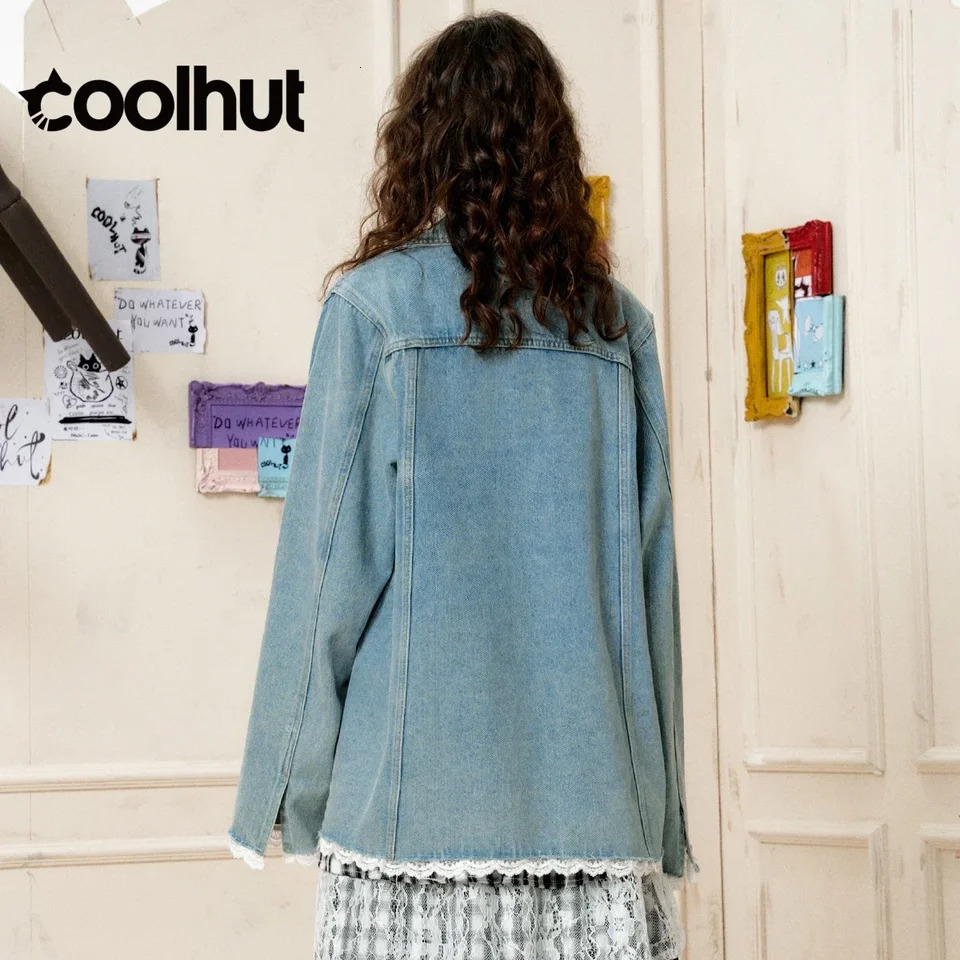 COOLHUT Lace Trim Patchwork Oversized Pocket Fall Womens Denim Jacket Autumn MidLength American Casual Vintage Outerwear 251231