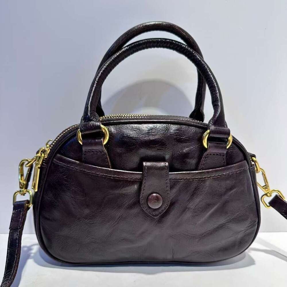 Luxury shoulder bag handbag Hobo retro bowling bag European and American style genuine leather women's top layer plant tanned cowhide new crossbo